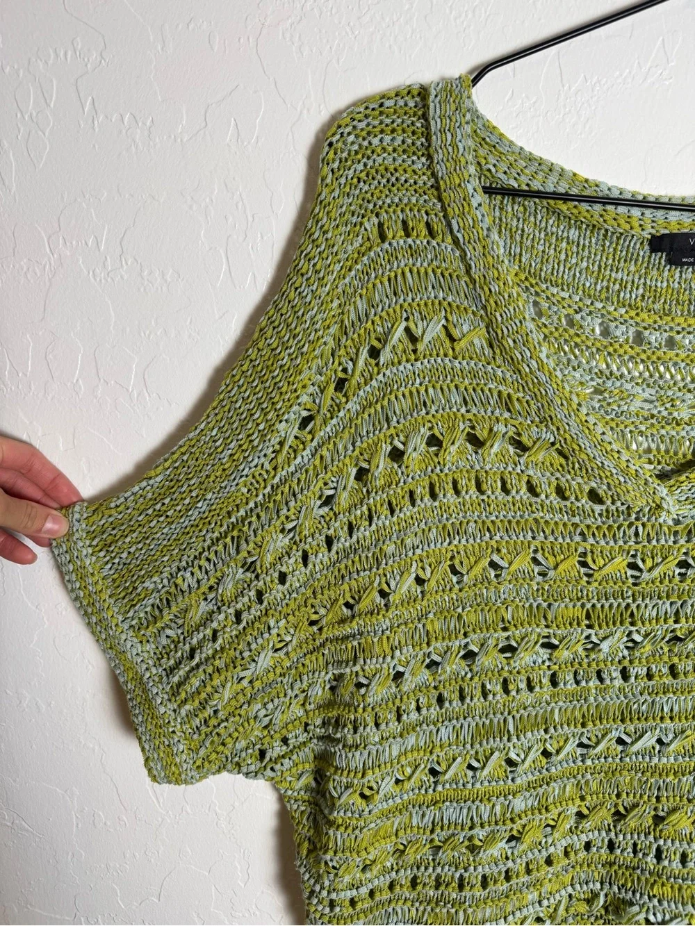 Vertigo Paris Open Knit V-Neck Sweater Lime Green Space Dye Crochet Short Sleeve